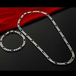 Sterling Silver Figaro 4mm Necklace Bracelet Matching Chain Link Unisex Set